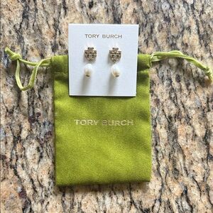 Tory Burch Gold and Pearl Earrings with Rhinestone details on the monogram Ts.
